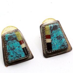 Hallmarked NC Vintage Sterling Silver Zuni Turquoise Coral Onyx Post Earrings